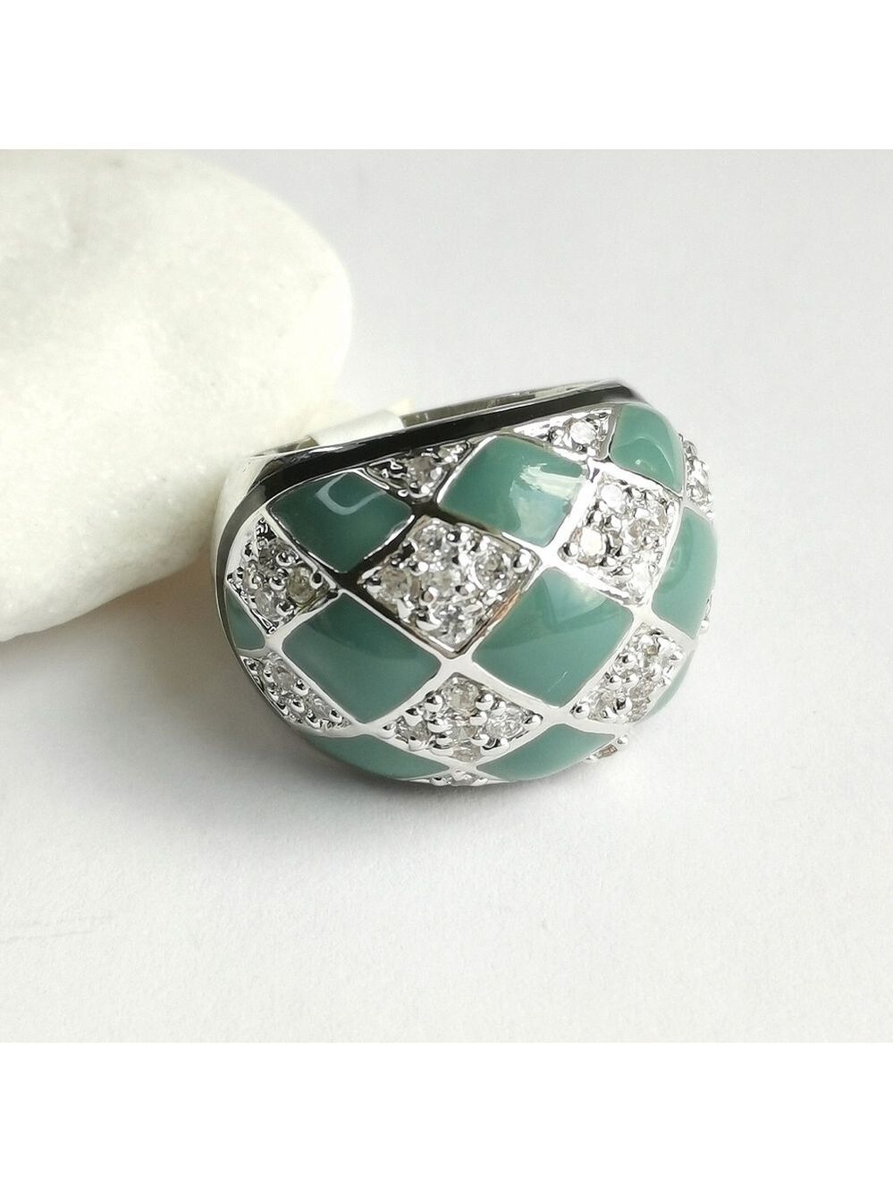 Enamel Dome Ring CZ Green enamel harlequin Size 7